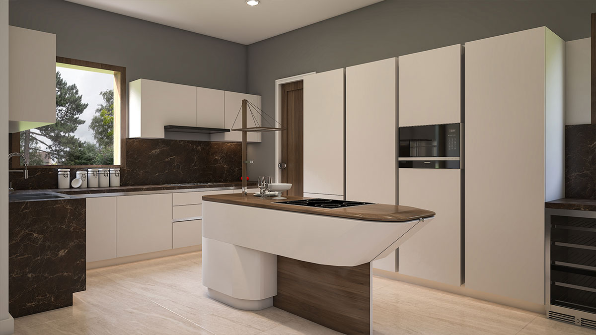    Kitchen design with the unique kitchen island in timeless white