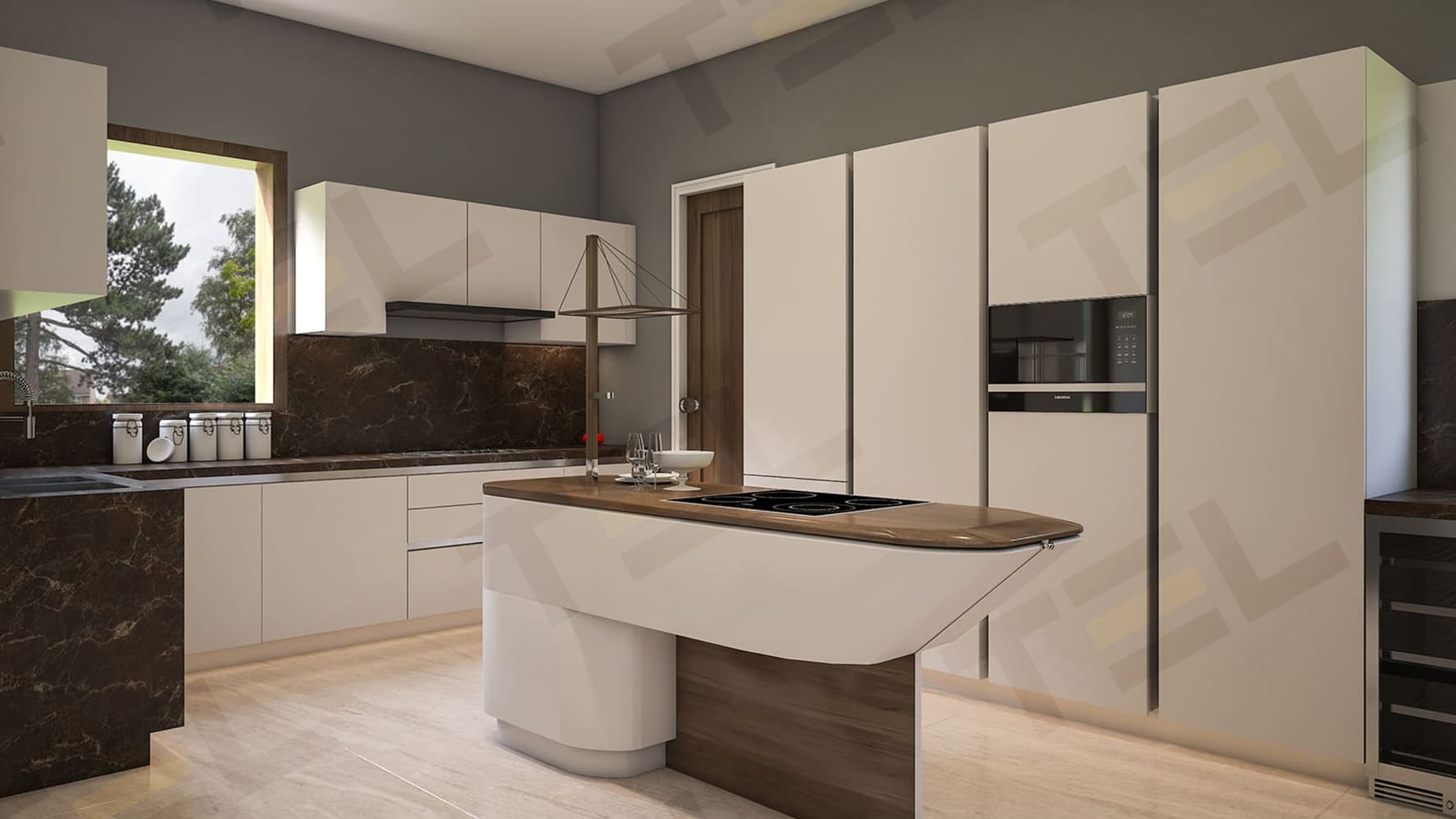 Contemporary kitchen design in white and brown