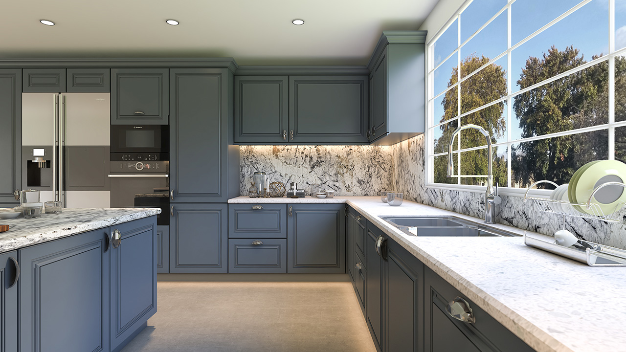 Multifunctional kitchen design in cool grey 