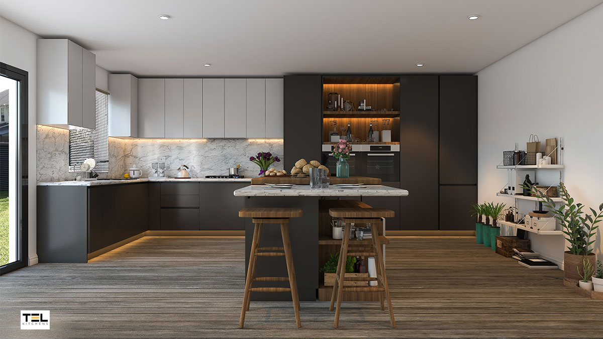 A luxurious L-shaped kitchen design in subtle monochromatic fusion.