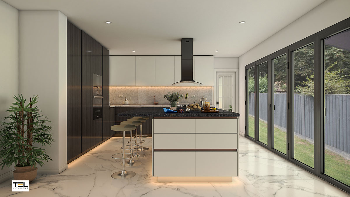 A perfectionist L-shaped kitchen design in a monochromatic fusion.