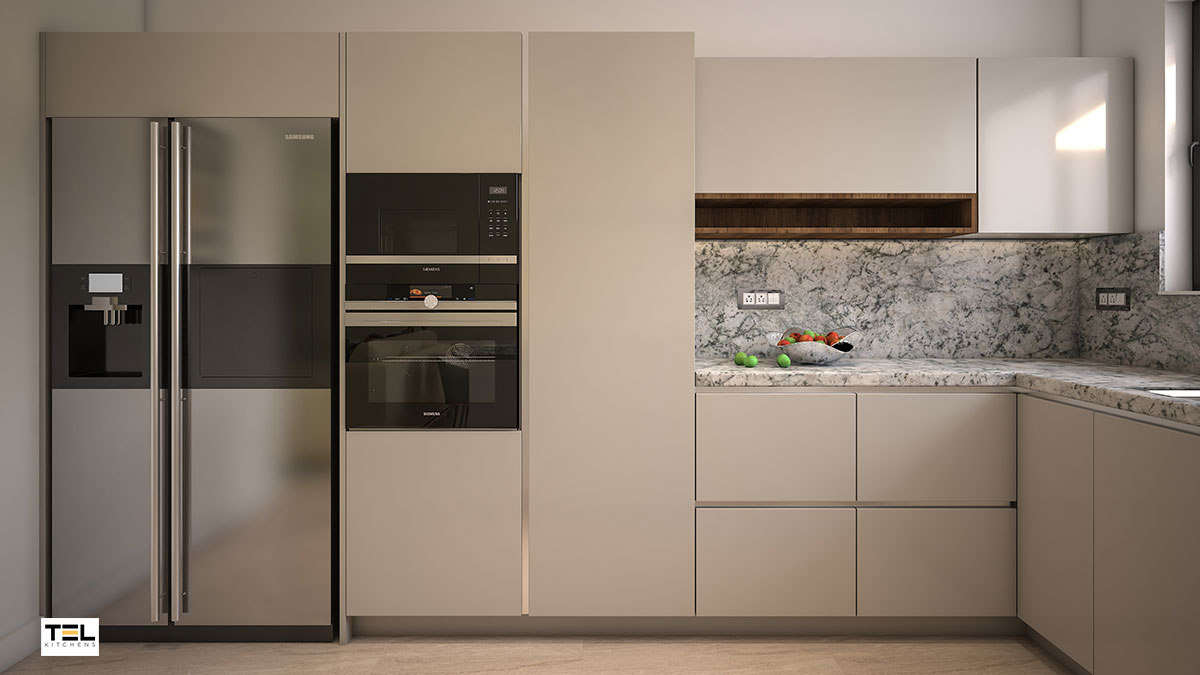 An L-shaped kitchen design in subtle off-white beauty.