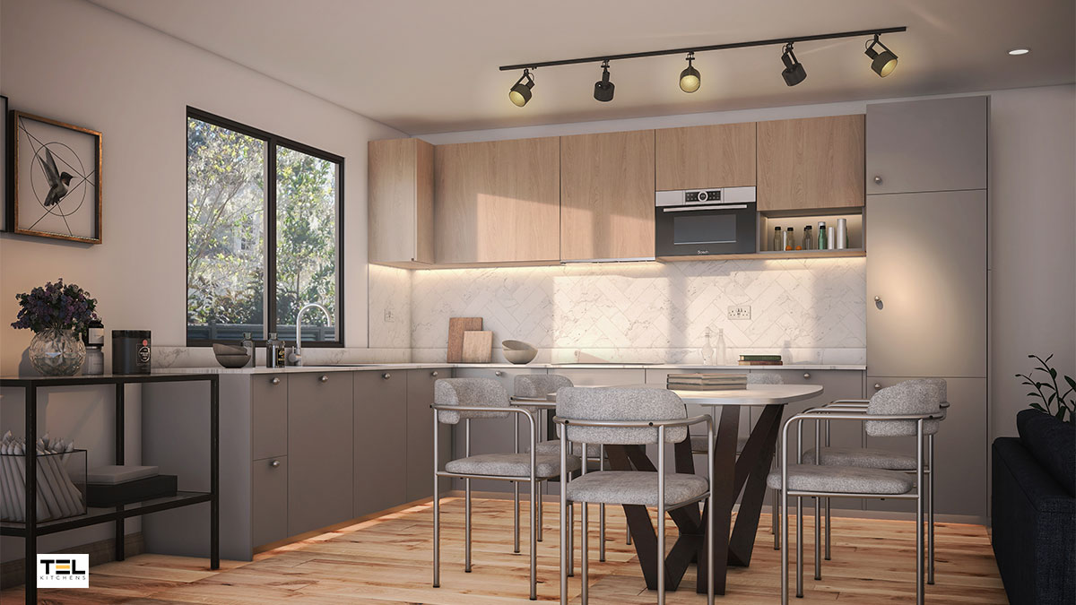 An L-shaped kitchen design with a warm wooden touch.