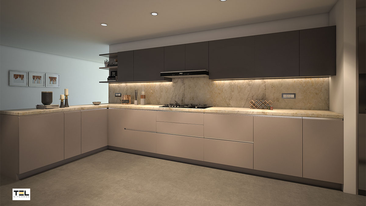 An L-shaped kitchen design with an open shelving setup.