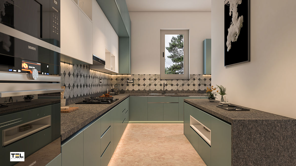 An integrated L-shaped Kitchen design with a colour pop of green and pristine white