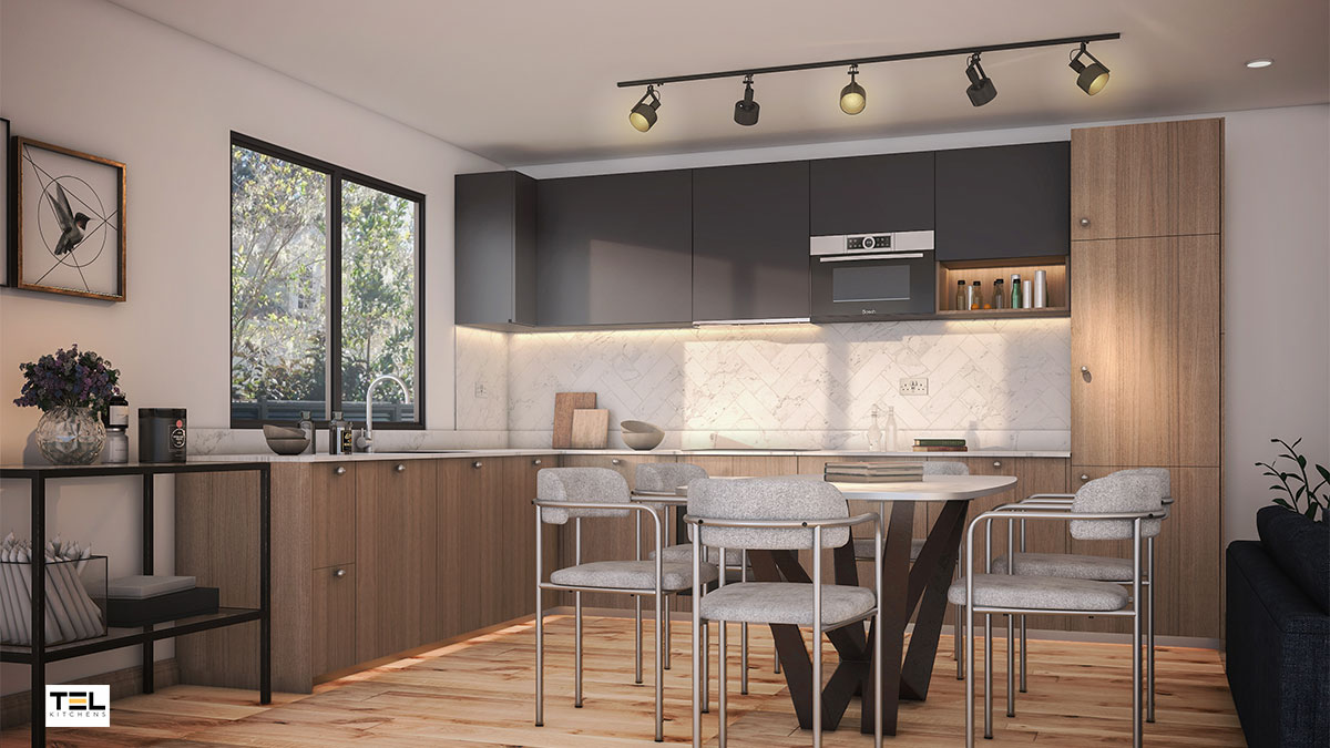 Bring in the warmth with this L-shaped kitchen design in warm wood.