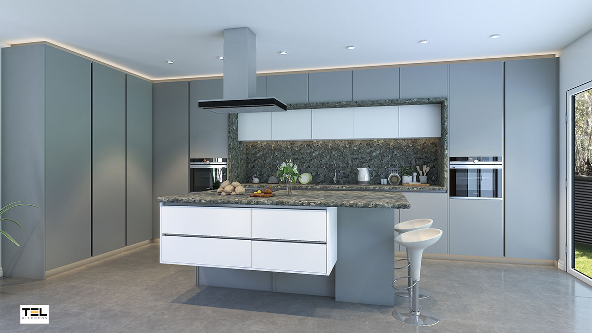 This L-shaped kitchen design with a collection of tall kitchen cabinets.