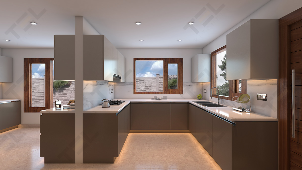 A U-Shaped kitchen design in pristine white glossy marble worktop