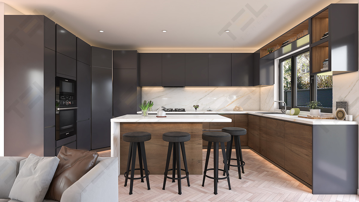 A U-shaped kitchen design with black gloss tall cabinets and elegant marble worktops