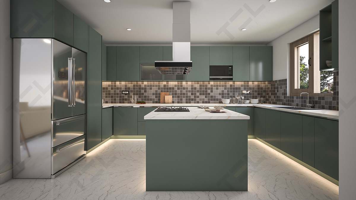 A U-shaped kitchen layout with island setup and handless kitchen cabinets in glossy olive.