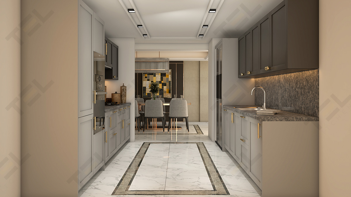 A classic parallel modular kitchen design with elegant golden-hinged handles.