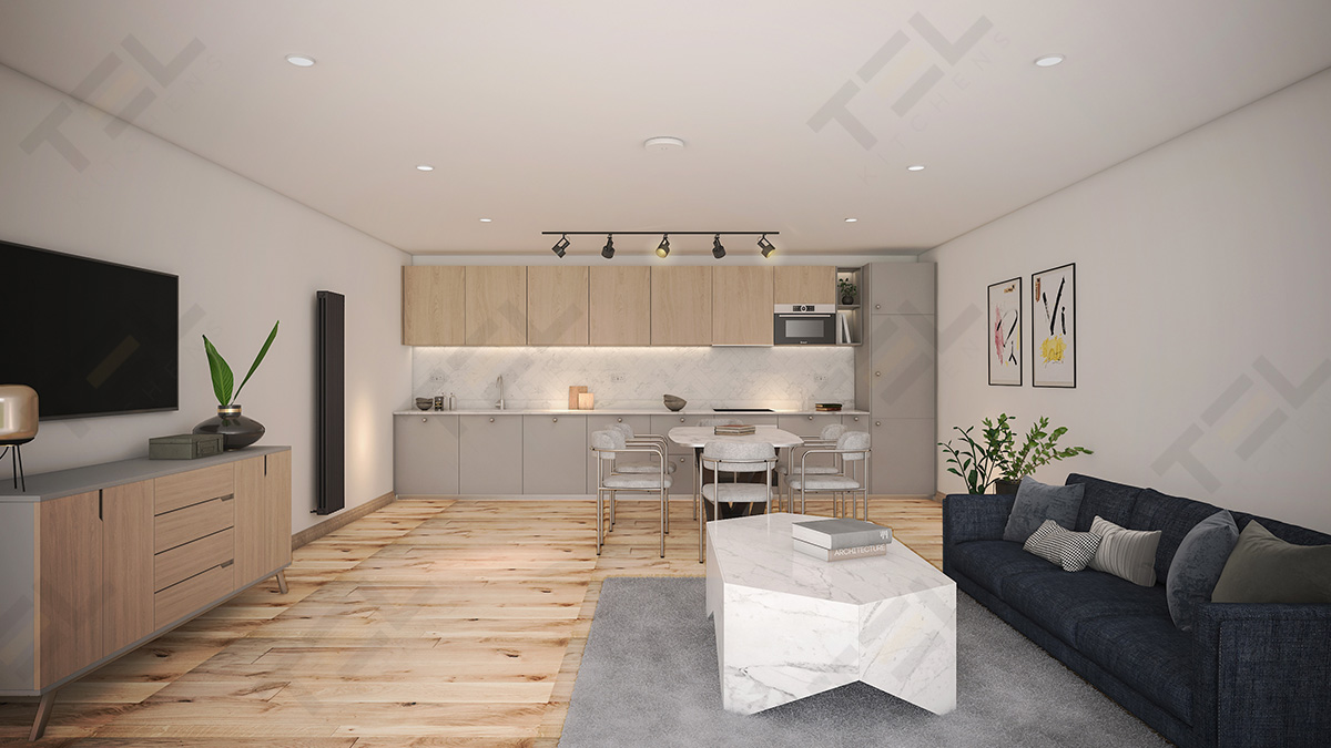 A combinational single wall setup of handleless wall-hung wood cabinets and cool grey cabinets with round knobs