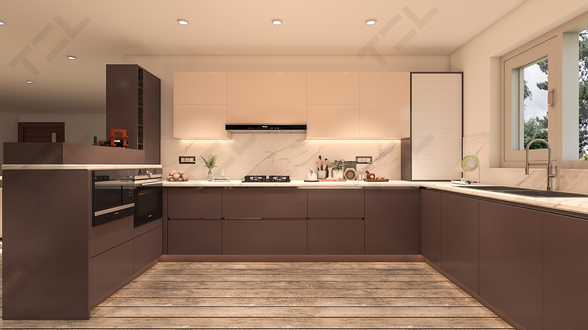 A handleless U-shaped kitchen design in a combinational pop of colours.