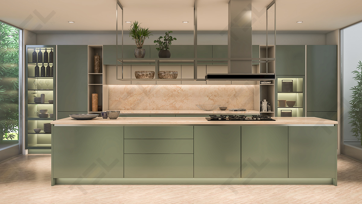 A high-end single wall kitchen design with combinational cabinet styles and island setup