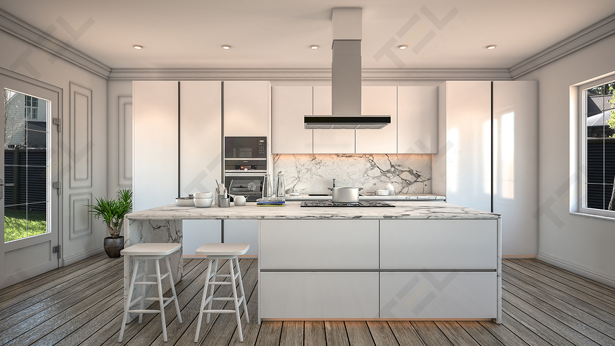 A single wall kitchen design with tall cabinets and an island setup in pristine white