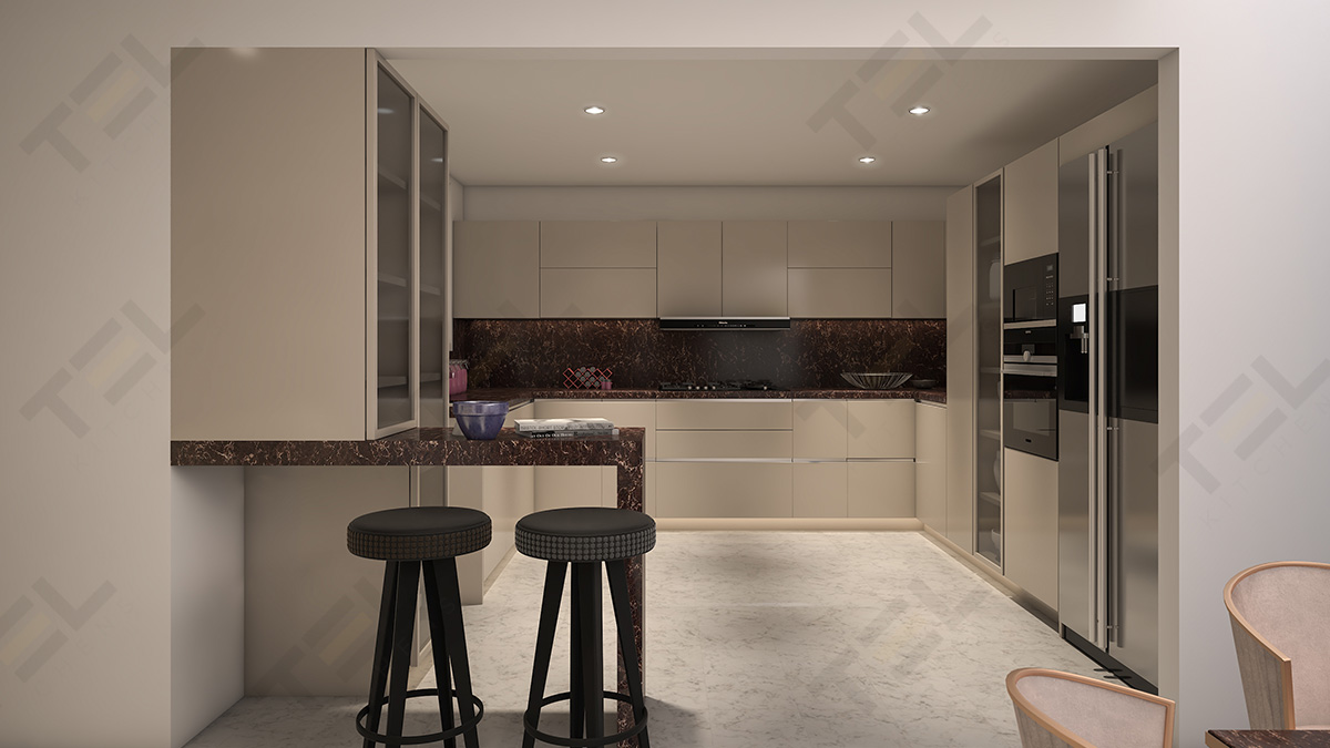 A subtle U-shaped Kitchen design attains all the aesthetics with a textured granite worktop