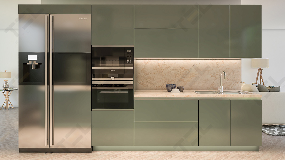 A wholly integrated single wall kitchen design with textured marble splashback.