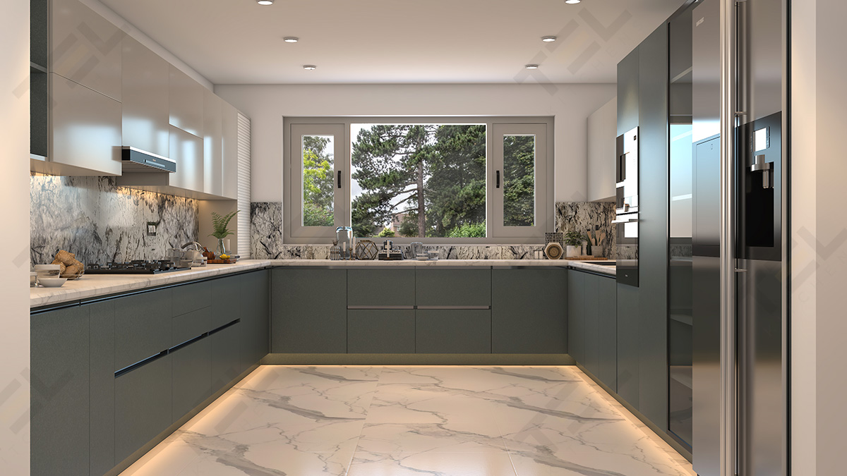 An integrated U-shaped kitchen design with glossy off-white cabinets