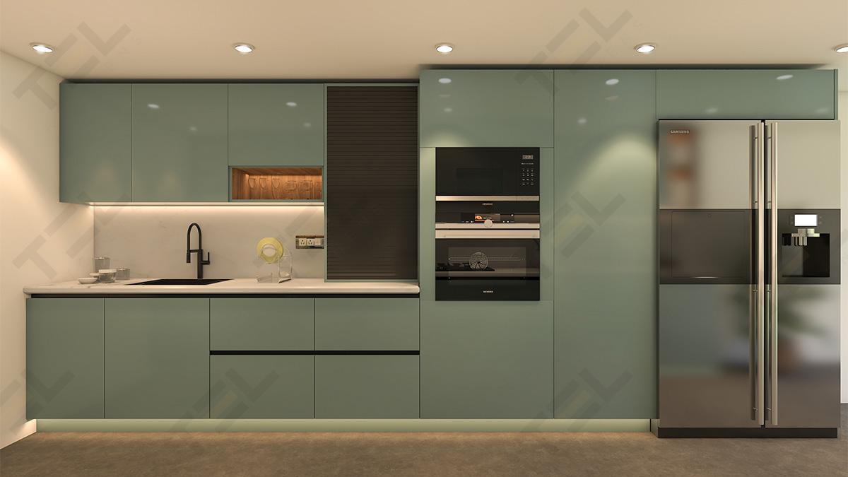 An integrated one wall kitchen design in pretty glossy olive colour