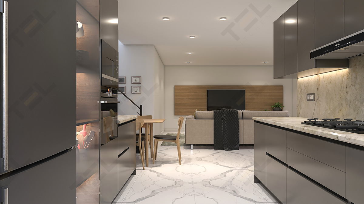 An open parallel kitchen concept with integrated kitchen appliances.