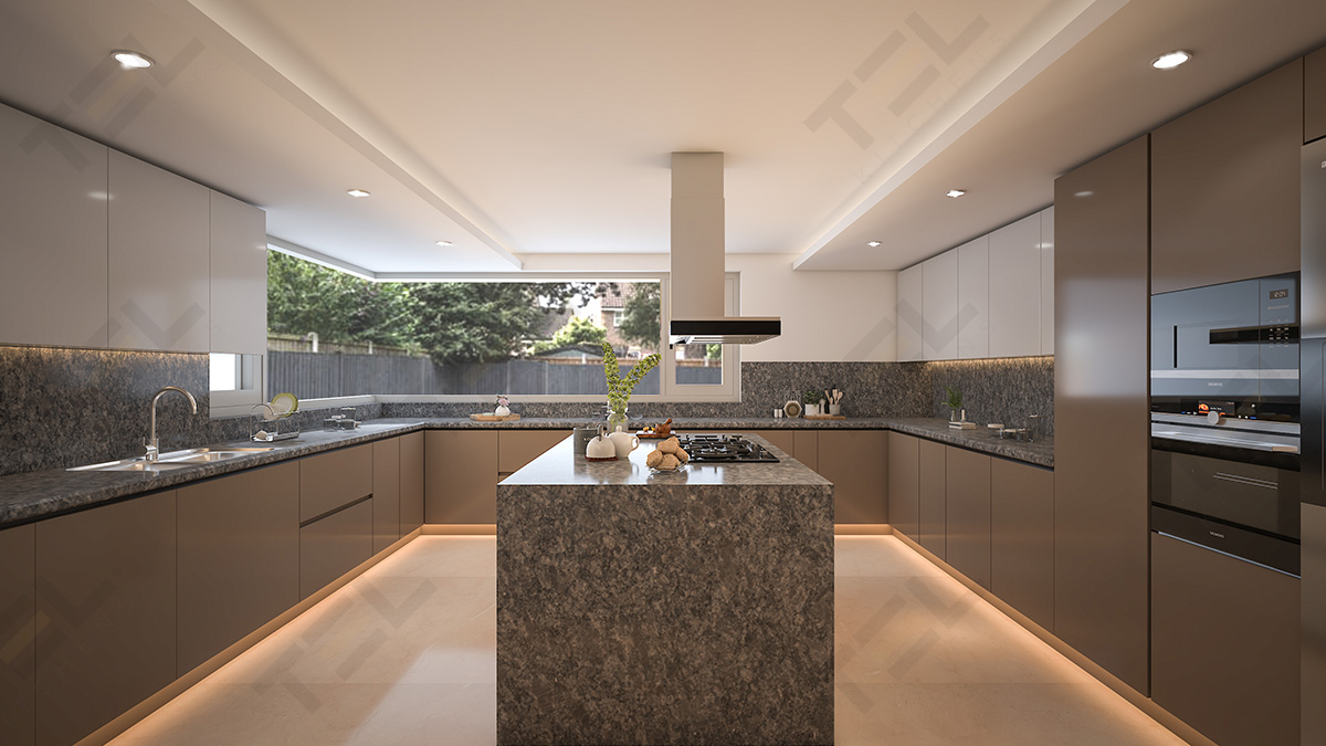 Luxurious U-shaped kitchen design with an island set up in the centre.