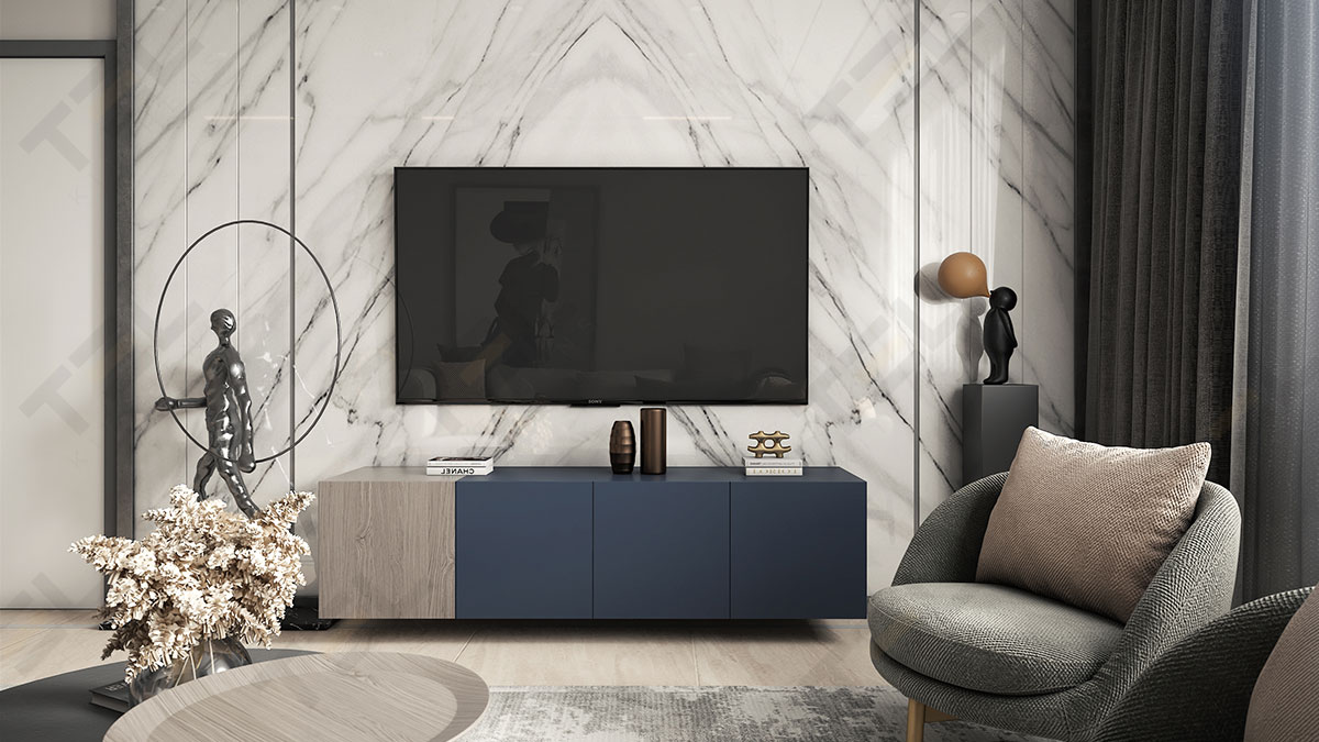 A gorgeous yet minimalist media unit design with an elegant textured marble background
