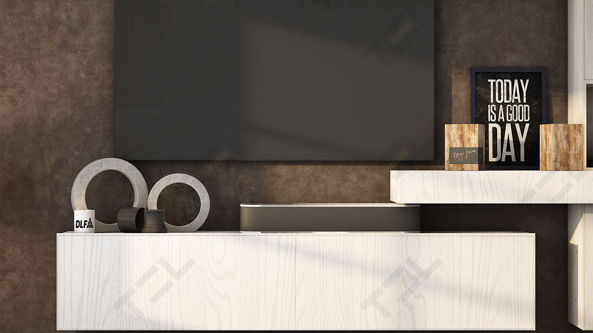 A-minimalist-TV-unit-model-with-a-textured-background-in-brown-and-open-shelving-in-textured-white-with-handleless-cabinets