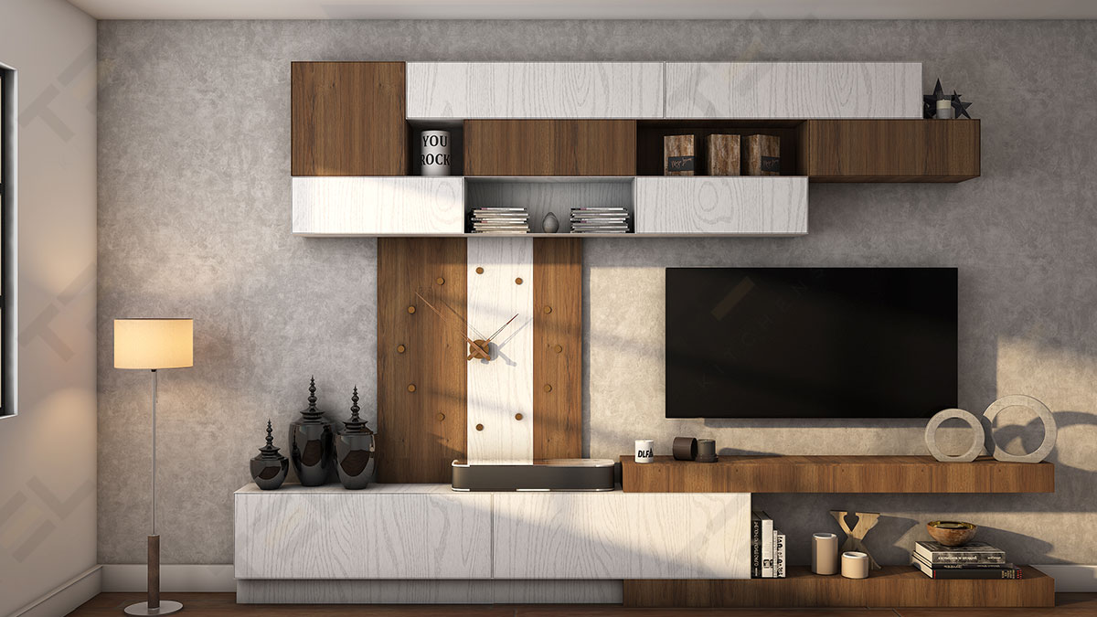 A showstopper media unit design indeed! This beautifully crafted TV unit with a combination of pristine white matched with oakwood is an entirely central attraction of the entire space.