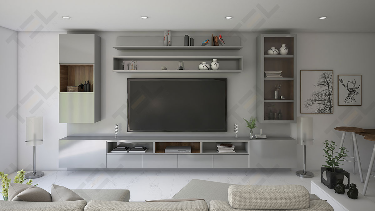 A stunning suspended media unit model in a subtle grey with a combinational setup of open and closed styling to accommodate all essentials while displaying the collectibles