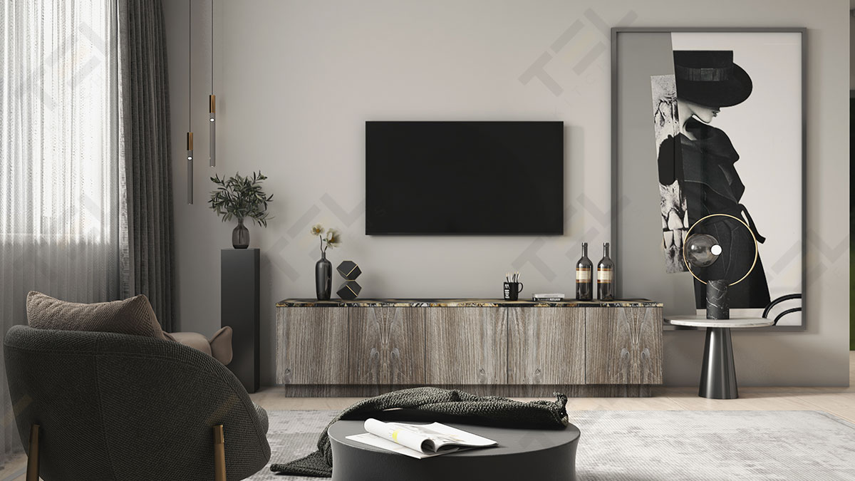 An extremely simplest media unit design in rustic and wooden touch with handleless cabinets and open space above to display your collectibles