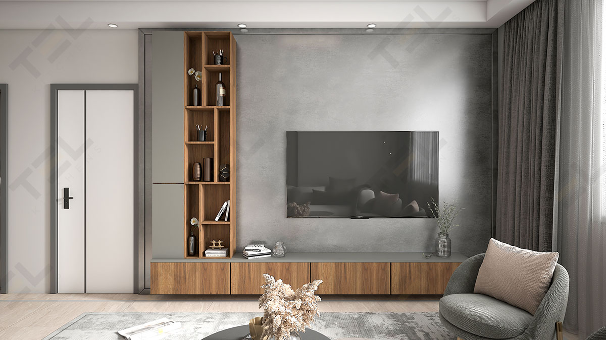 Another suspended TV unit model with an elegant background in glossy textured grey colour matched with oakwood open shelving