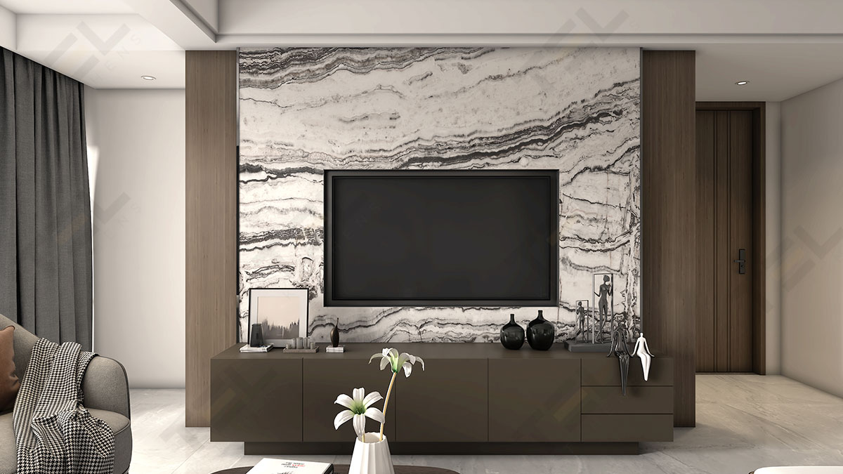 This TV unit design is a complete perfectionist blending well within the existing décor, a warm wooden feel, and textured background in monochromatic fusion