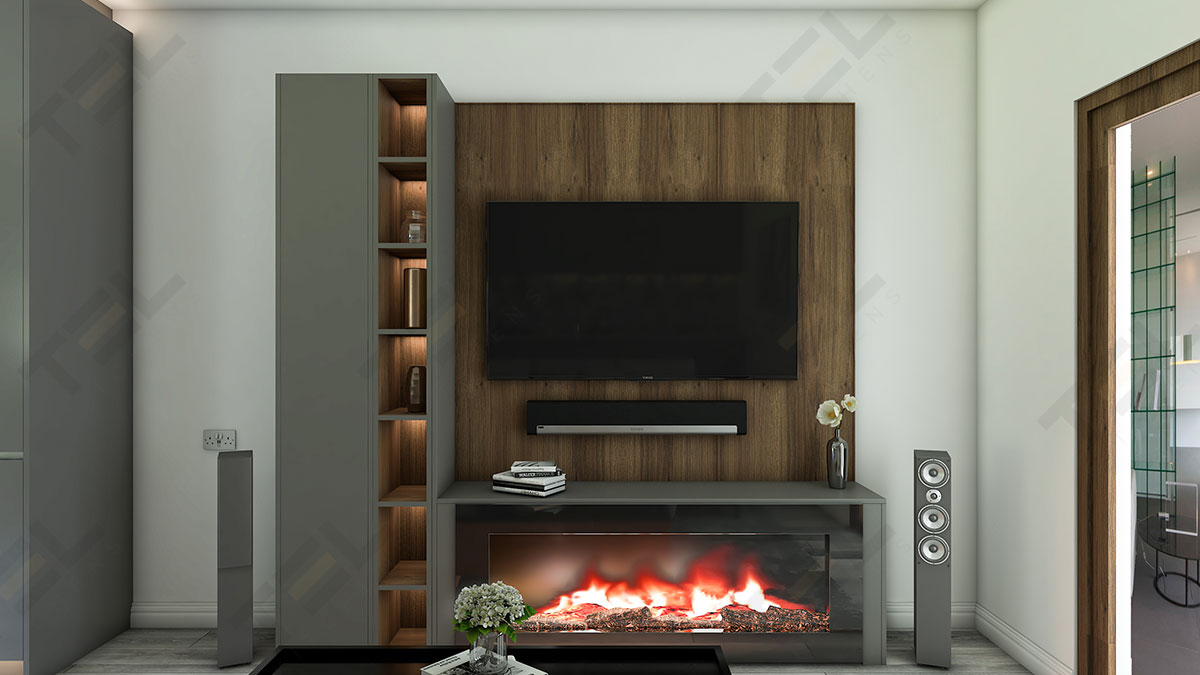 This TV wall unit is a stunning piece of a living room having compact space but never lacks in serving functionality with a combination of open shelving