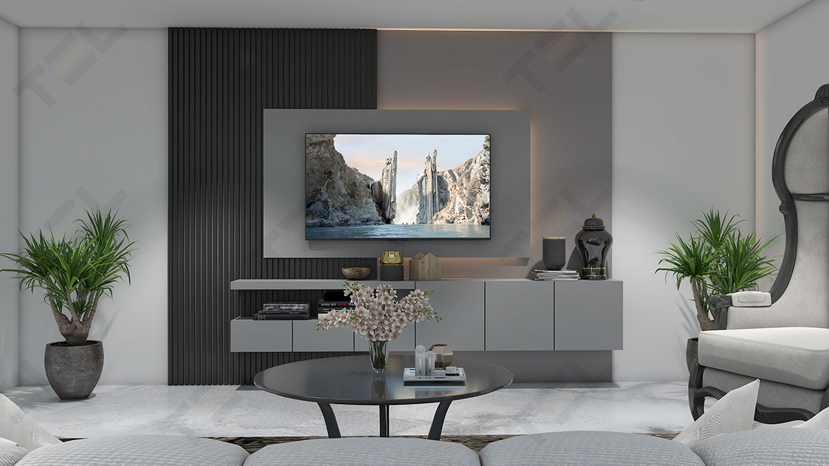 This media unit is creating an unparalleled beauty within the living room space, making your viewing experience relaxing while following the trend of appropriate lighting within the area.