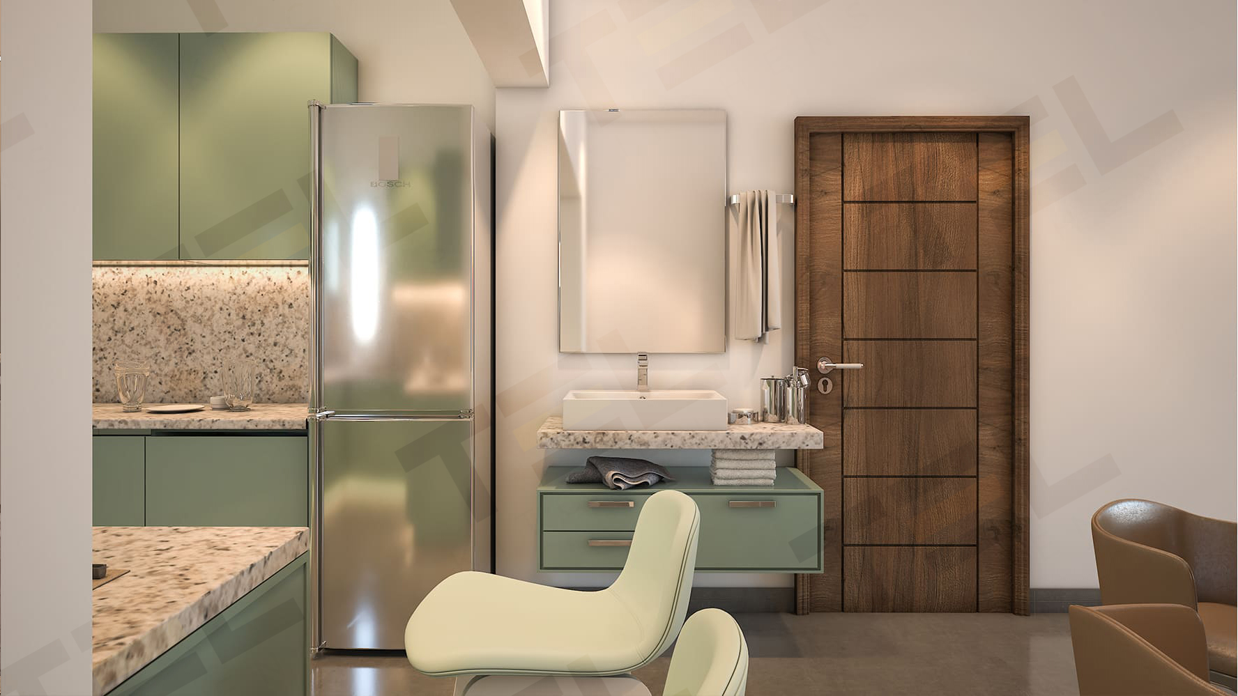 modern elegant green kitchen and vanity