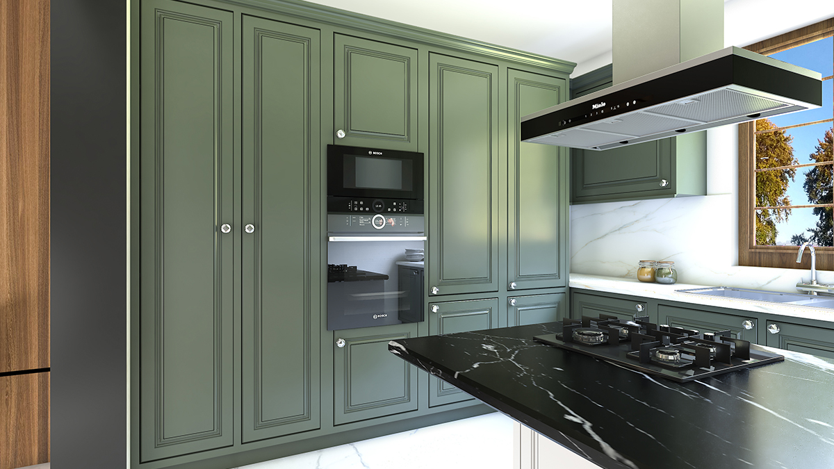 Modern kitchen design with a pop of olive