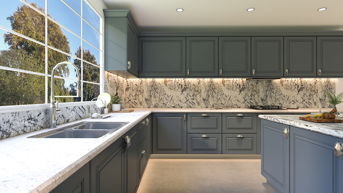 Kitchen design with elegantly textured marble worktop