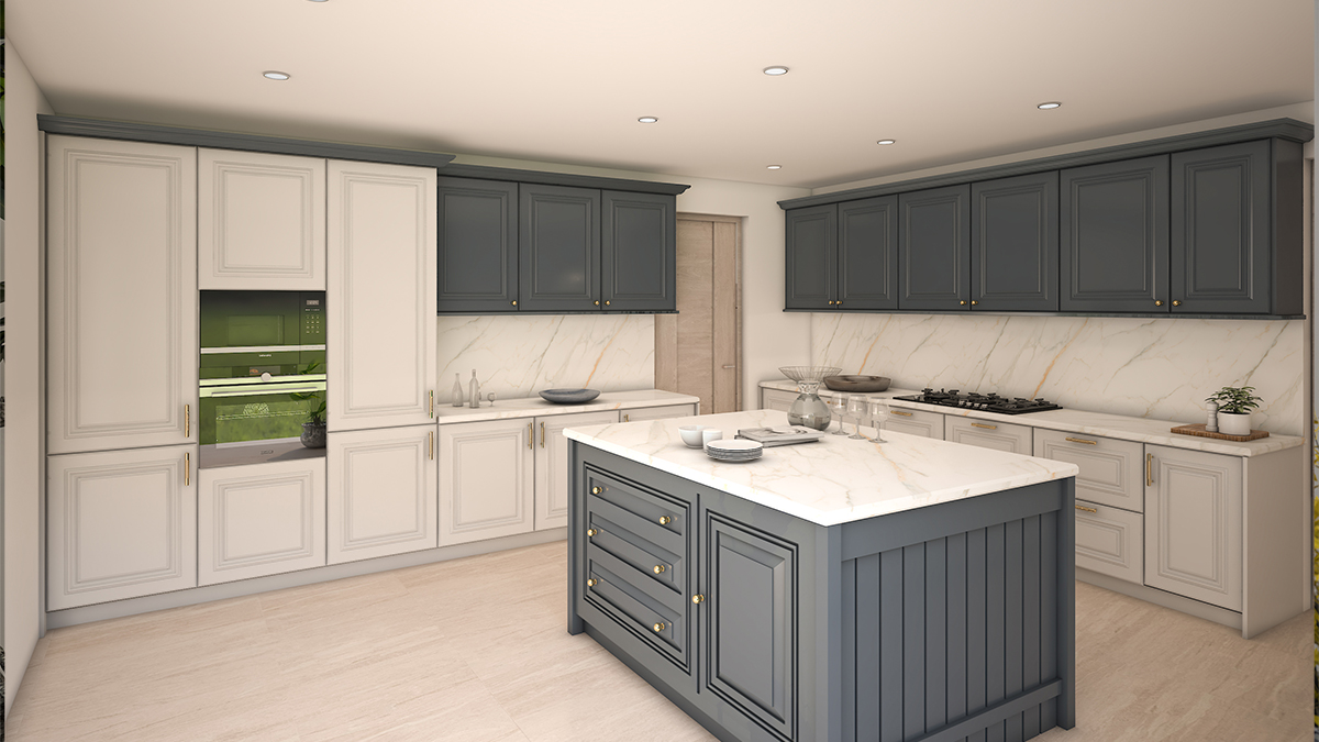 A kitchen design with a pop of grey