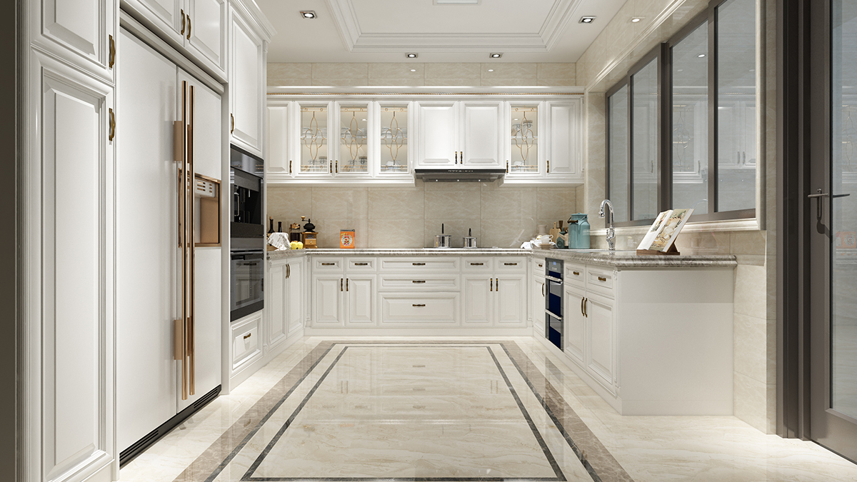 U-shaped modern kitchen design in timeless white.
