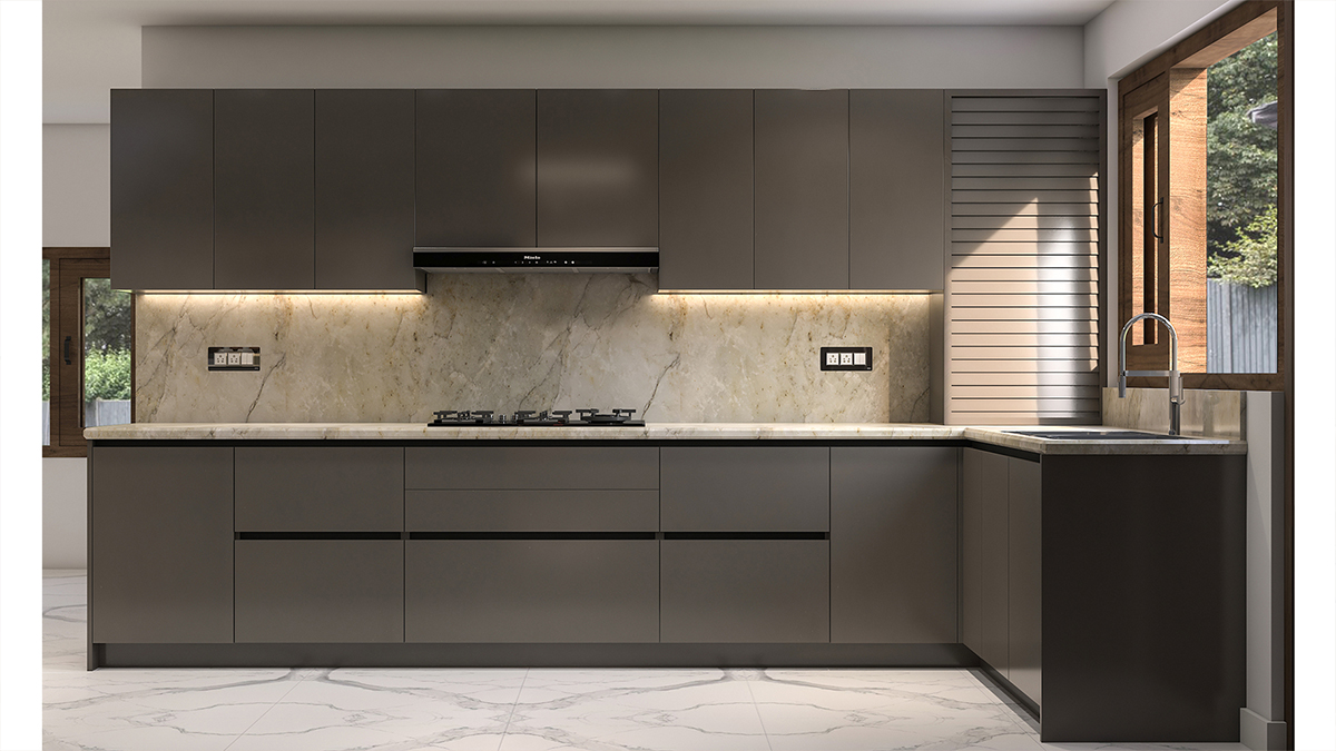 L-shaped kitchen design in darker hues