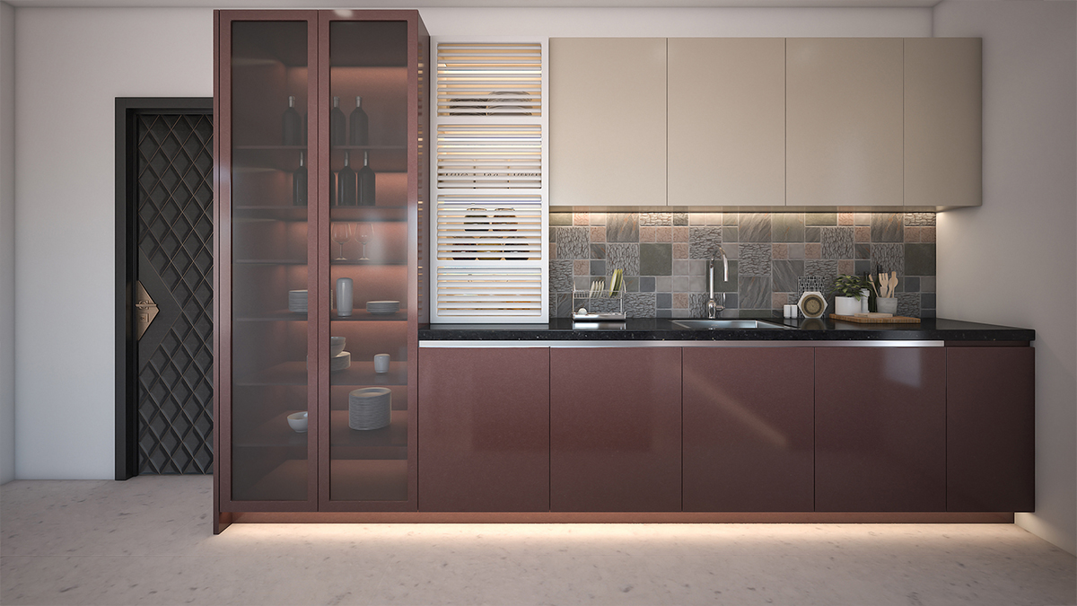 Modern kitchen design with a pop of maroon