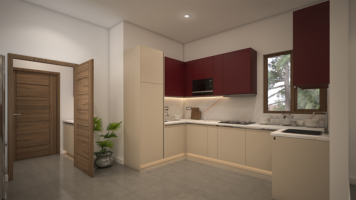 Small Kitchen design with a pop of maroon